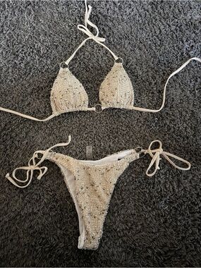 Beaded Cream Tie-Side Bikini Set
